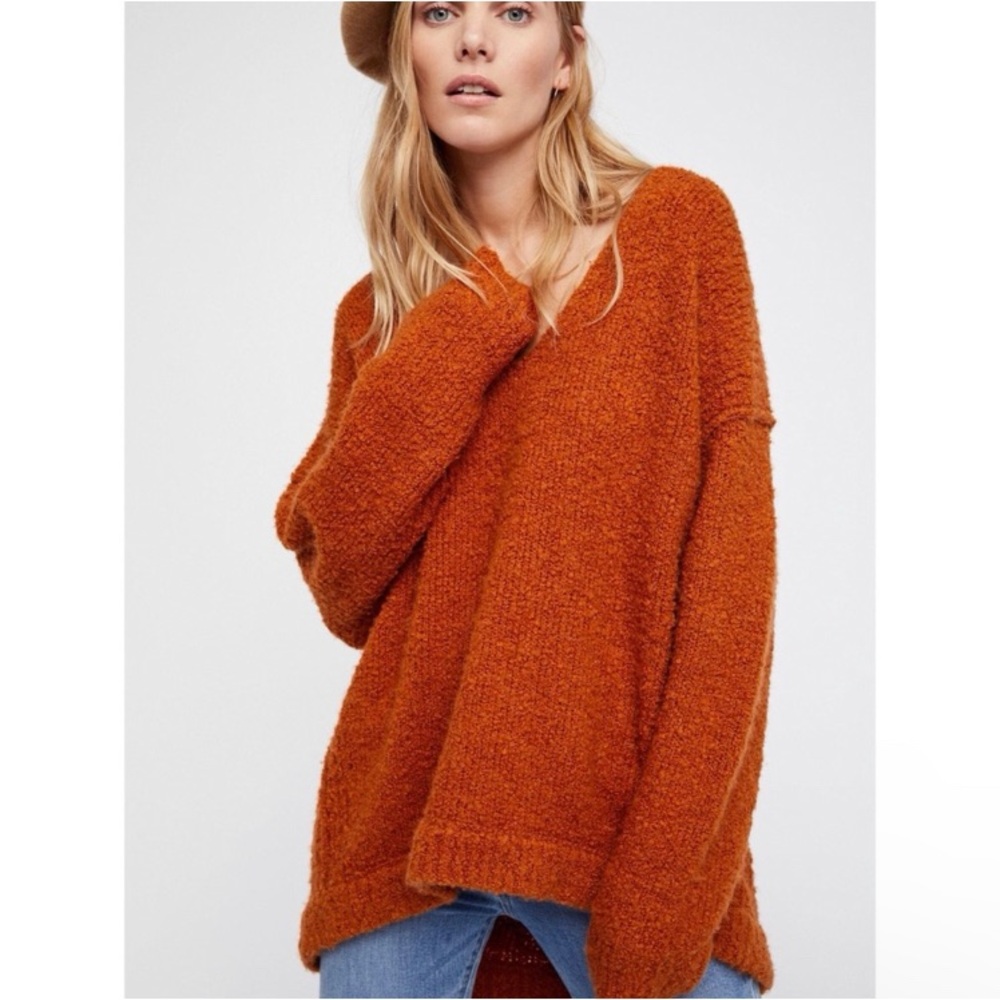 Free People Oversized Sweater Alpaca Blend V-Neck Boho Chic Burnt Orange